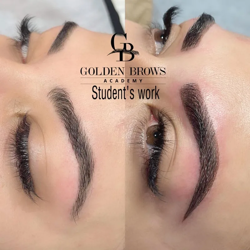 A student's finished brows, labelled Golden Brows Academy student's work